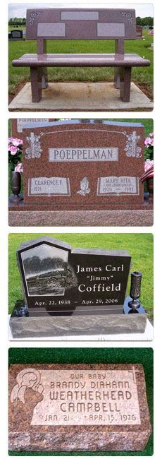 Memorial bench and three cemetery grave markers with flowers, including Campbell and Heatherberg headstones