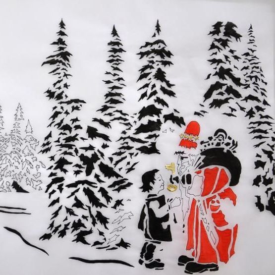 Eine Schwarz-Weiß-Zeichnung von Santa und einem Jungen im Wald