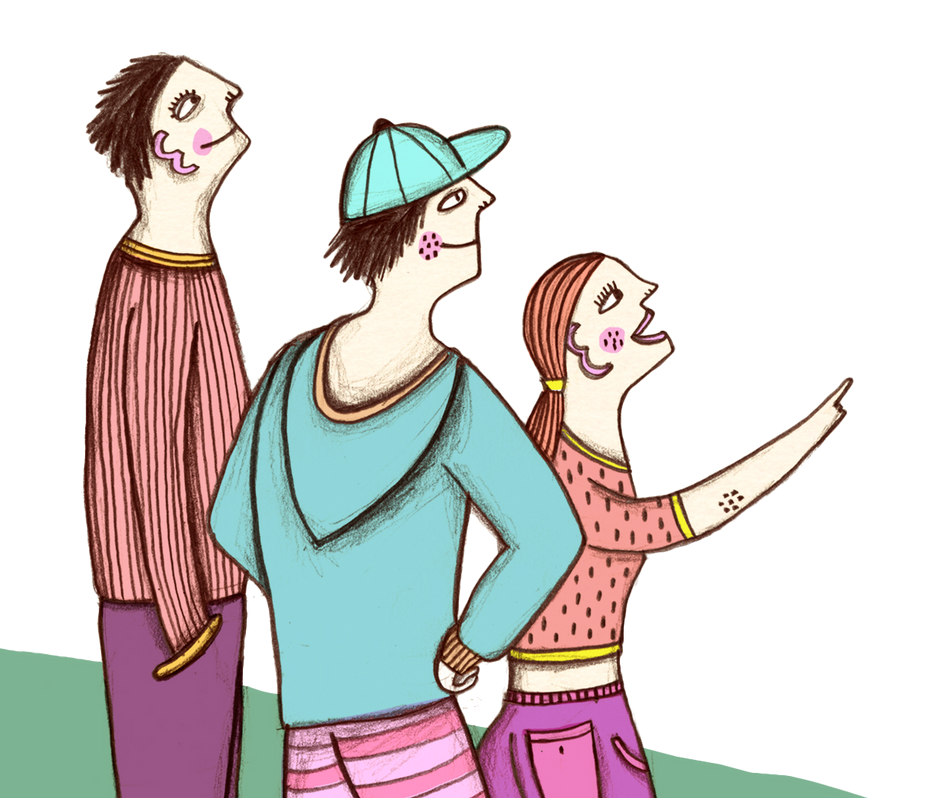 Eine Karikatur von drei Menschen, die zu etwas aufblicken