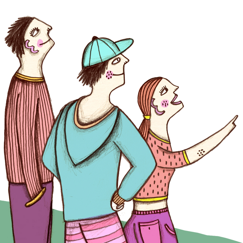 Eine Karikatur von drei Menschen, die zu etwas aufblicken