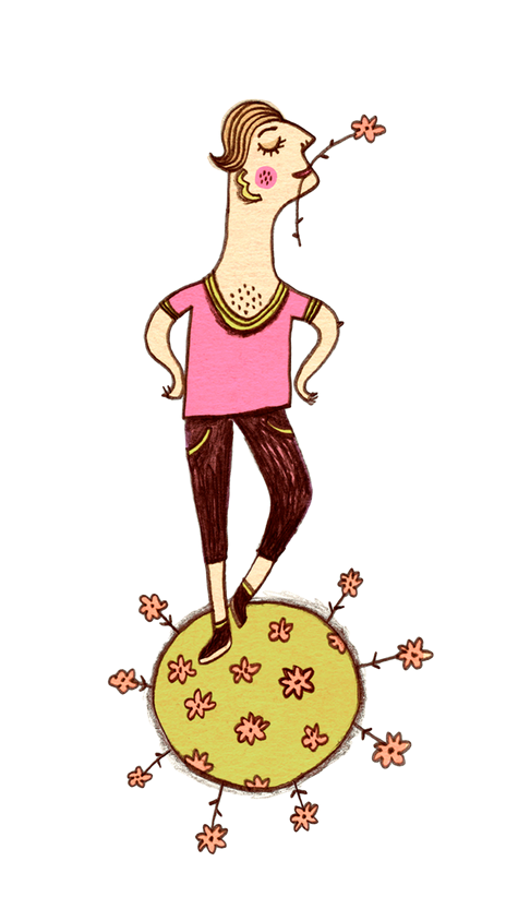 Eine Karikatur einer Frau, die auf einem Globus steht, umgeben von Blumen