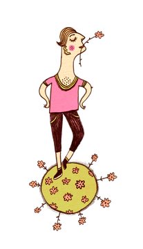 Eine Karikatur einer Frau, die auf einem Globus steht, umgeben von Blumen