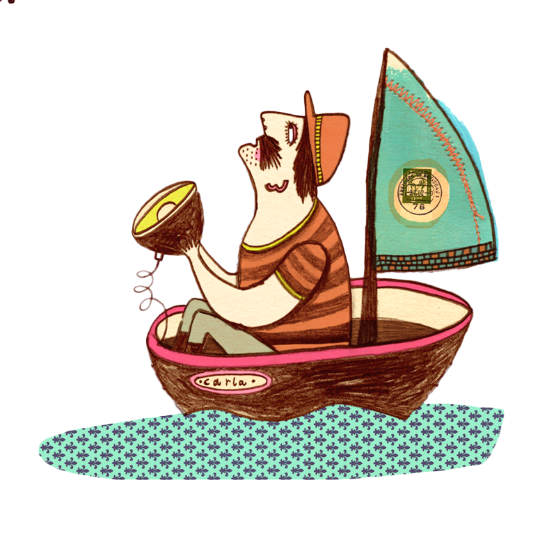 Eine Cartoon-Zeichnung eines Hundes in einem Boot mit einem Segel, auf dem „Kaffee“ steht