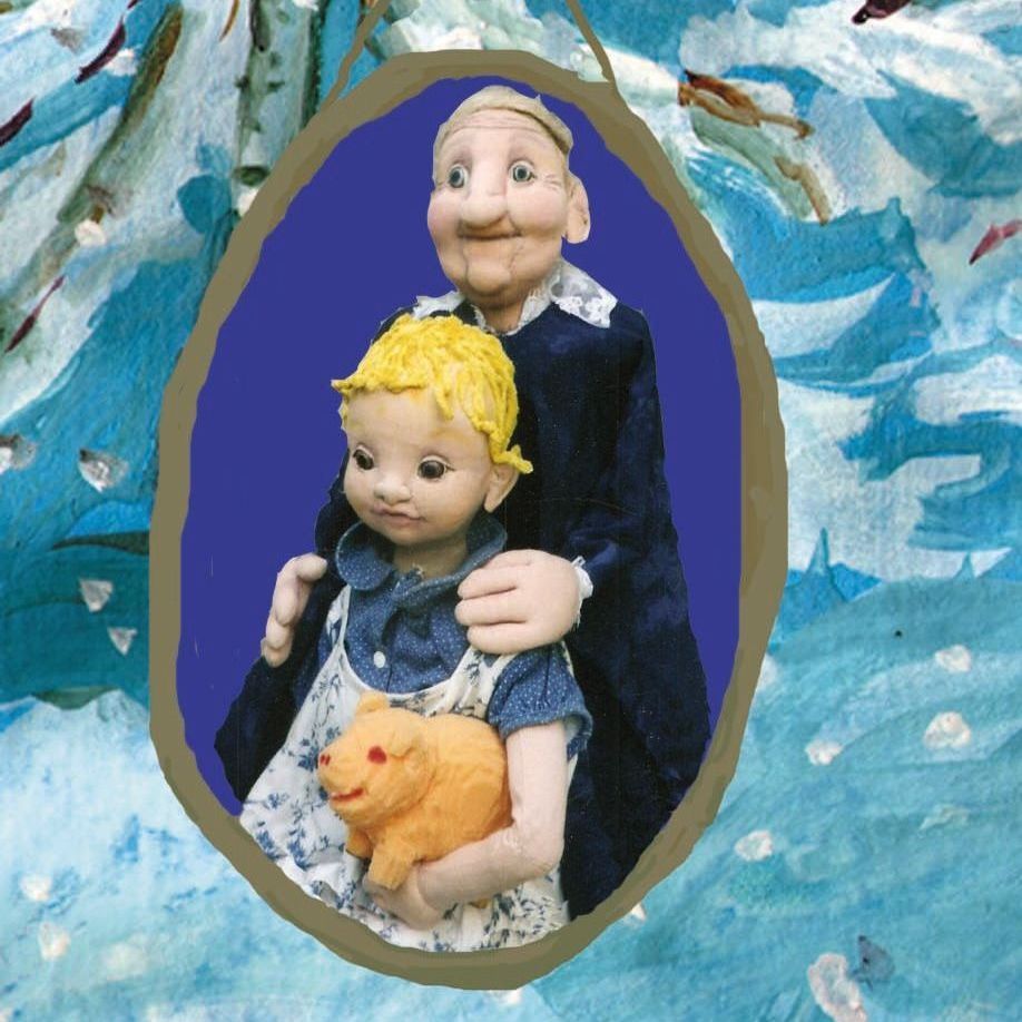 Ein Gemälde eines Mannes, der ein Kind und ein Schwein hält