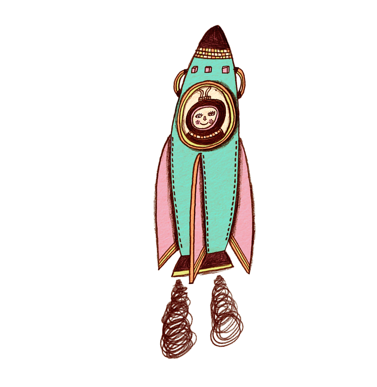Eine Zeichnung einer Rakete mit einem Smiley darauf
