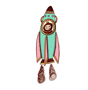 Eine Zeichnung einer Rakete mit einem Smiley darauf