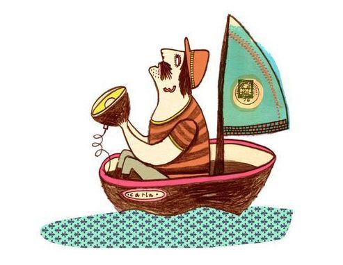 Eine Karikatur eines Mannes in einem Boot, der ein Megaphon hält
