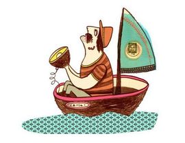 Eine Karikatur eines Mannes in einem Boot, der ein Megaphon hält