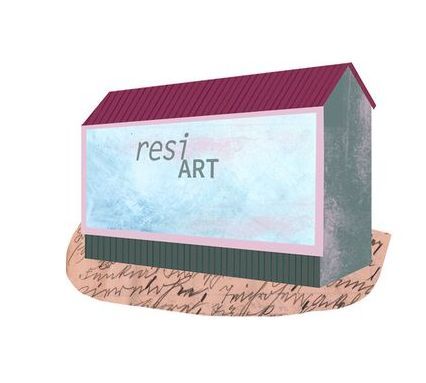 Eine Zeichnung eines Gebäudes mit einem Schild mit der Aufschrift „Resi Art“