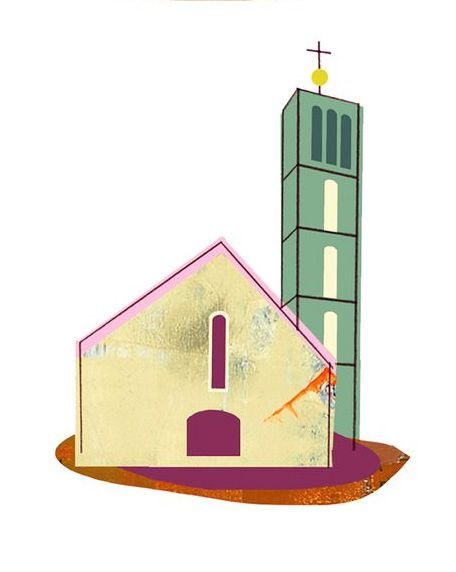 Eine Cartoon-Zeichnung einer Kirche mit einem Turm und einem Kreuz auf der Spitze