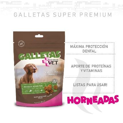 Bolsa de comida para perro, de color marrón y rosa, etiquetada “Galletas
