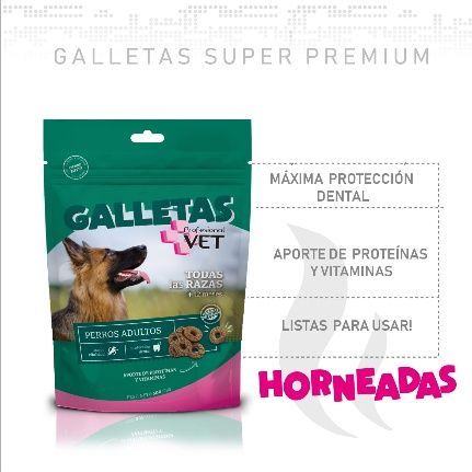 Bolsa de comida para perros con un pastor alemán. Texto: 