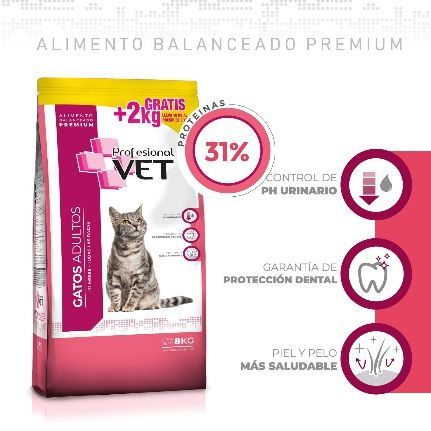 Bolsa de comida para gatos: empaque rosa y amarillo con imagen de gato, etiqueta
