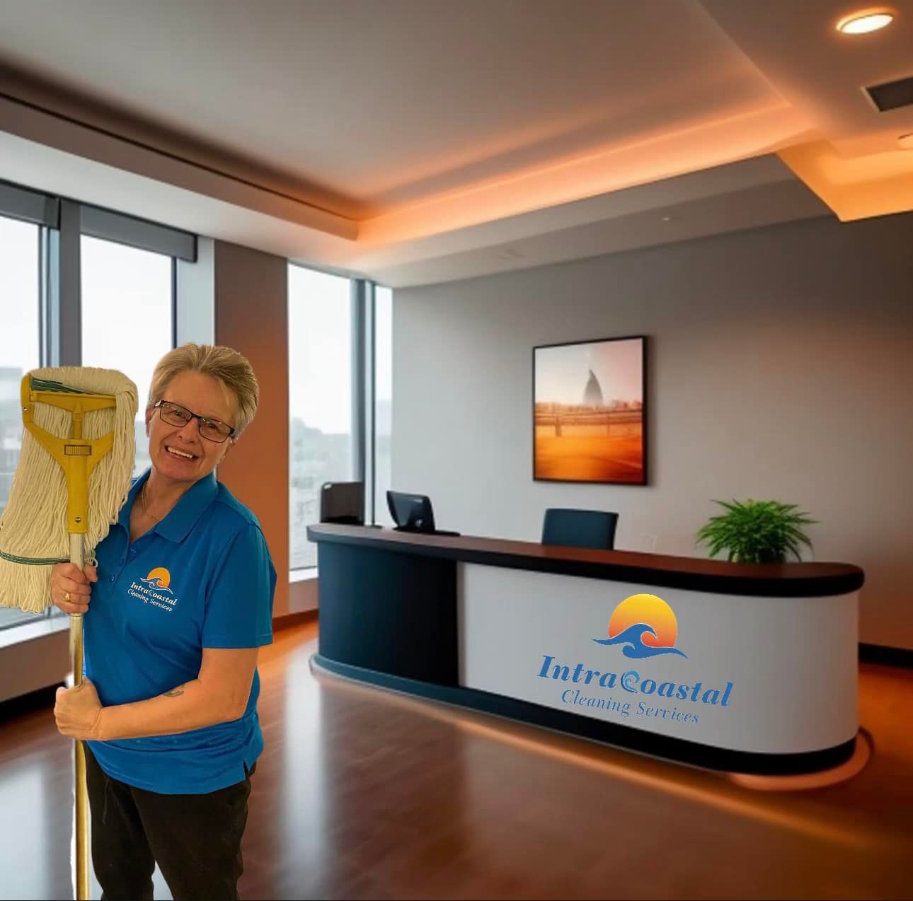 Woman in a blue shirt holds a mop in a cleaned office, smiling near the reception desk.