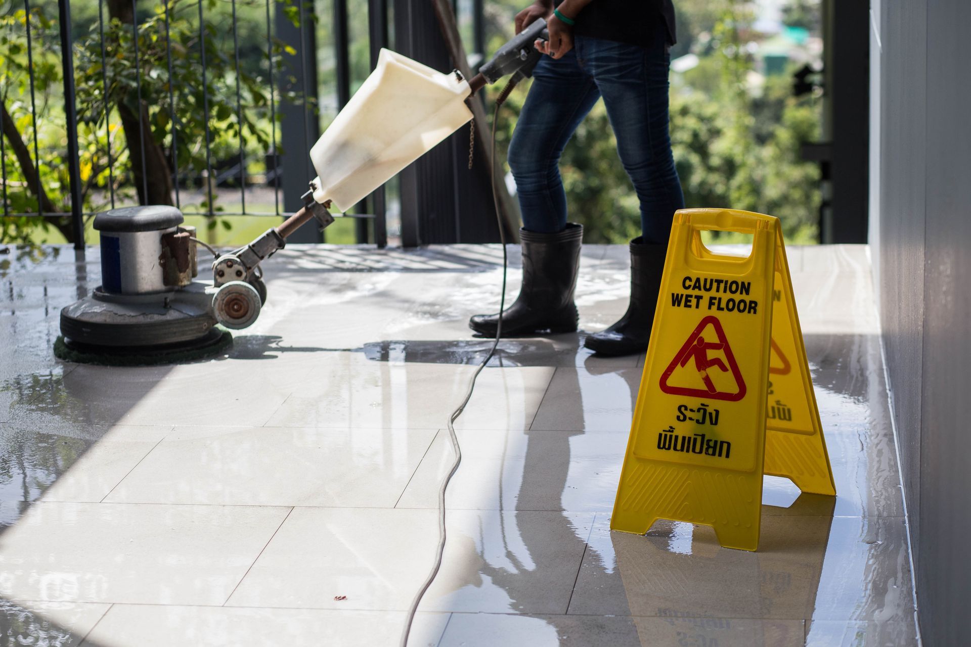Person using floor polisher on wet tiles, 