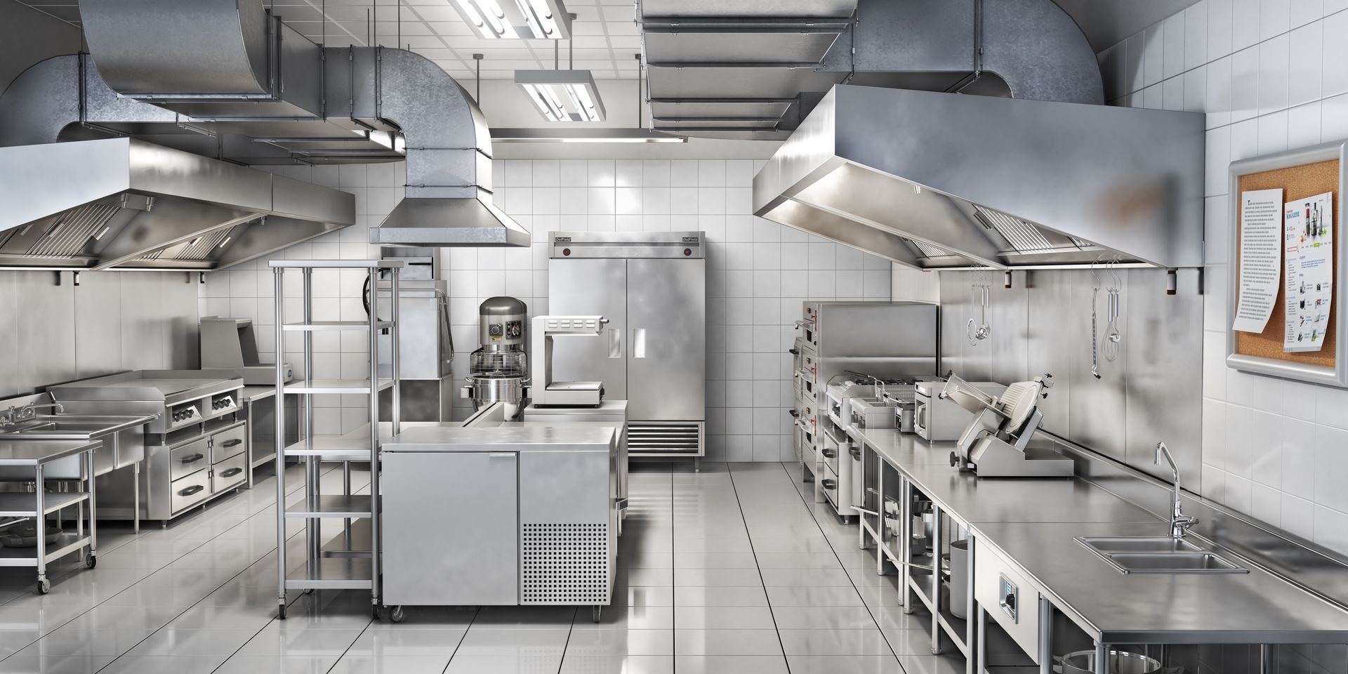 Commercial kitchen with stainless steel appliances, ventilation hoods, and tiled walls.