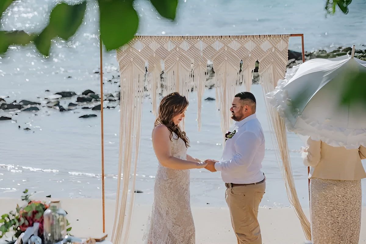 A Couple Getting Married Next to The Beach With Macrame at Hideaway Bay — Lynda Ross Marriage Celebrant In Bowen, QLD