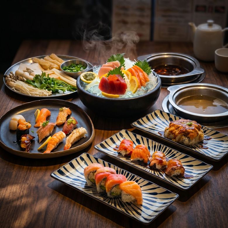 Assorted Japanese dishes and drinks on a wooden table, including sushi, grilled skewers, beef slices, and salad.