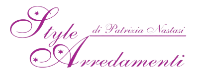 Pink cursive “Style di Patrizia Nastasi Arredamenti” logo with decorative stars on a white background