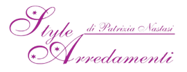 Pink cursive “Style di Patrizia Nastasi Arredamenti” logo with decorative stars on a white background