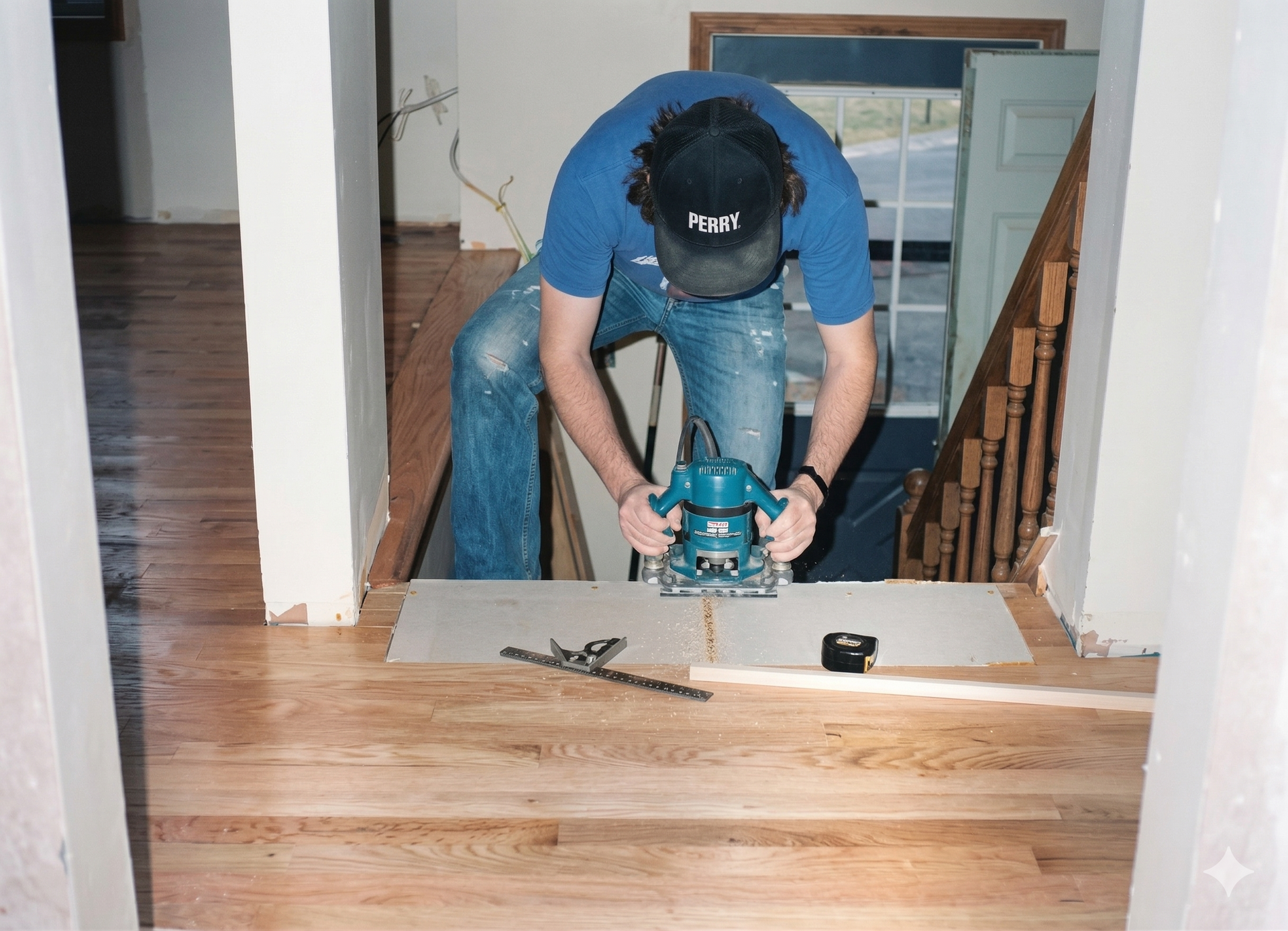 A person in a blue shirt uses a teal power router to shape the edge of a wooden floor board near a staircase.