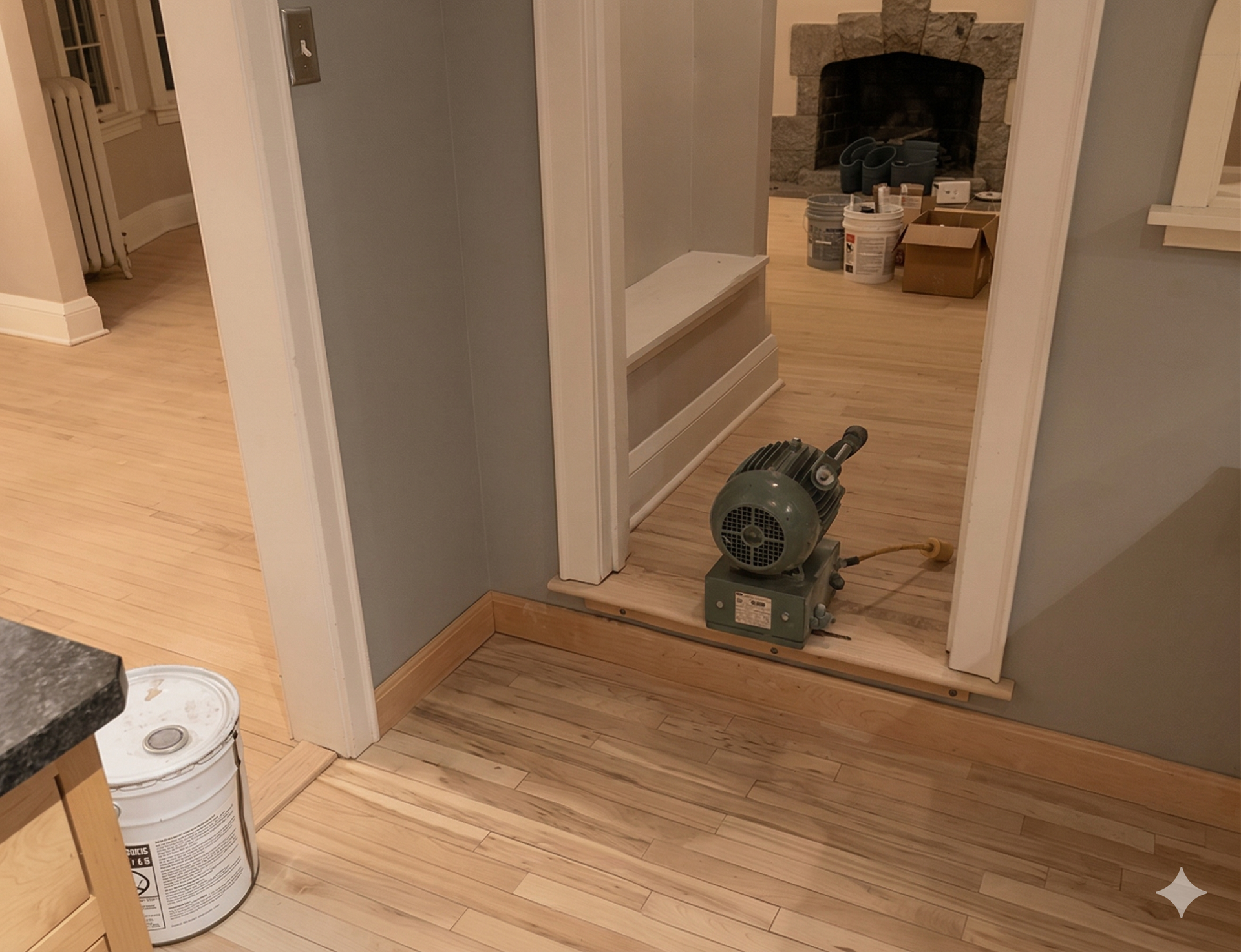 A bucket of paint and a small floor sander sit on newly refinished hardwood floors in a room under renovation.