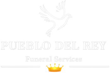 Logo for Pueblo Del Rey Funeral Services: white dove above text and crown.