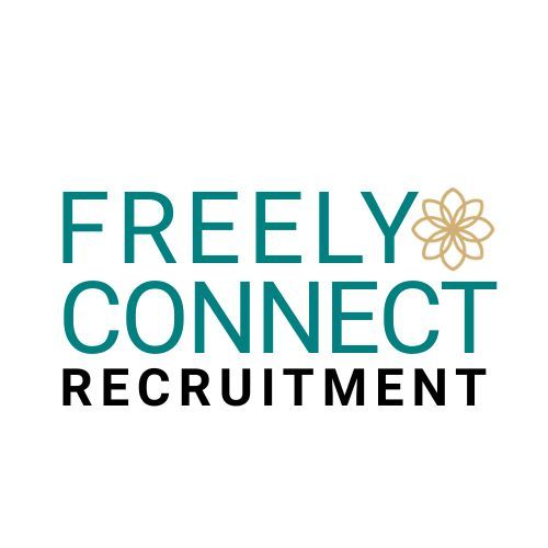 Logo for Freely Connect Recruitment featuring teal text and a gold flower-like icon on a white background.
