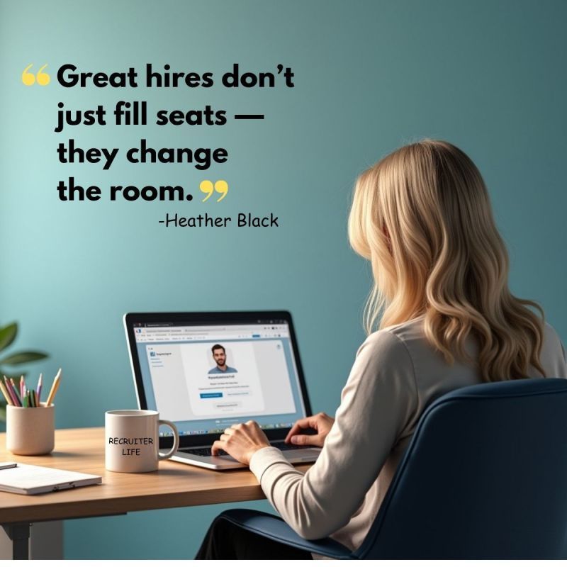 A person at a desk reviews a digital job profile on a laptop, with an inspirational quote about hiring on the wall.