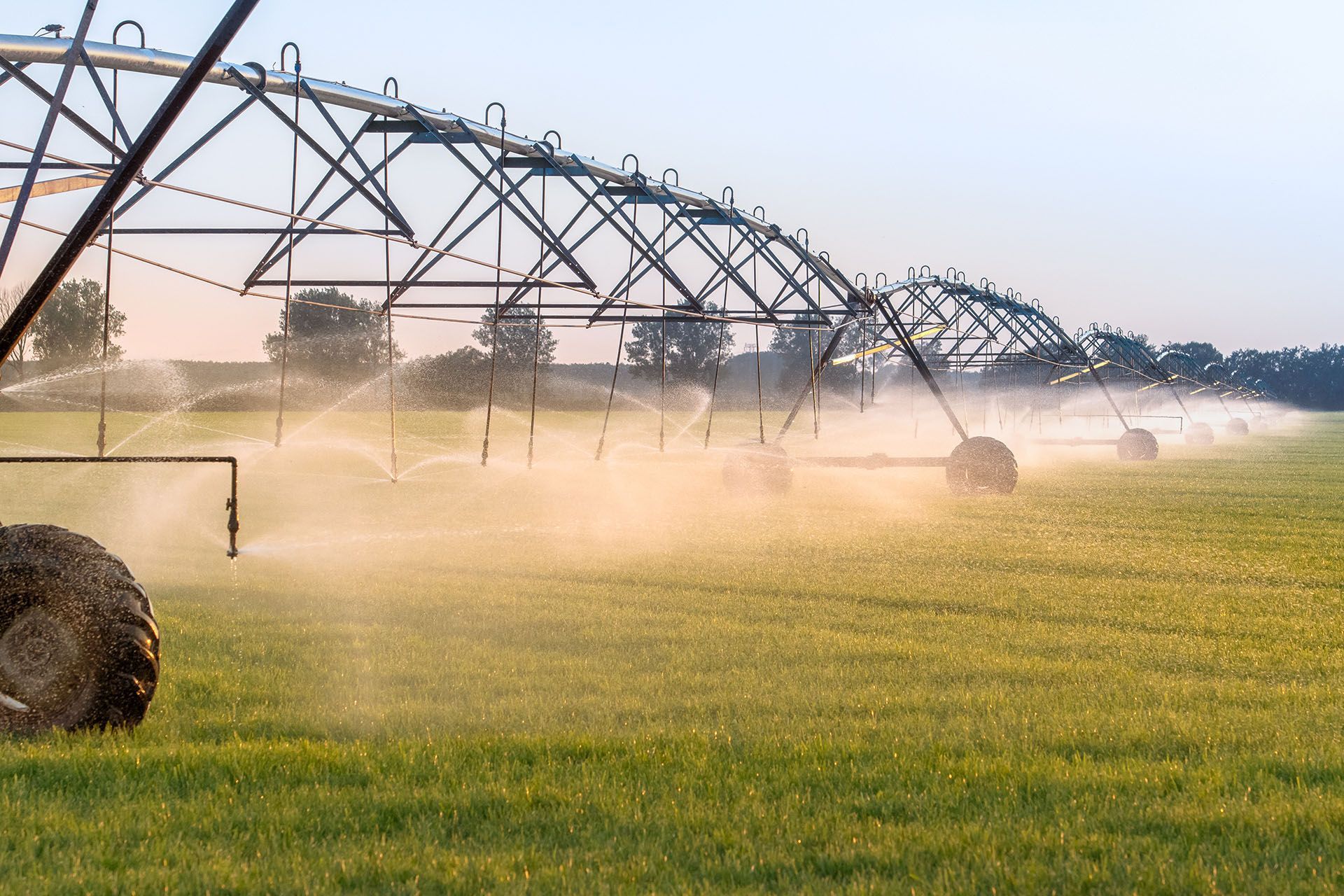 A row of irrigation systems spraying water on a lush green field