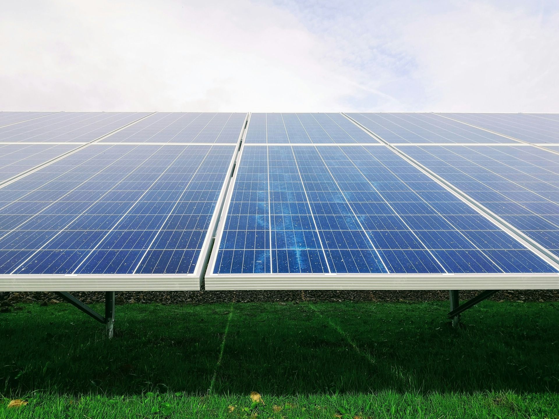Blue Solar Panels Arranged On Grass Field Sky