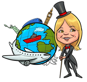 caricature of Jenny in top hat and tails in front of a cartoon globe with world landmarks