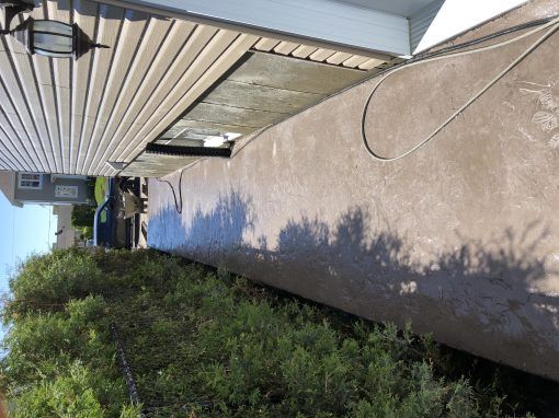 Une allée en béton menant à une maison avec des arbres en arrière-plan.