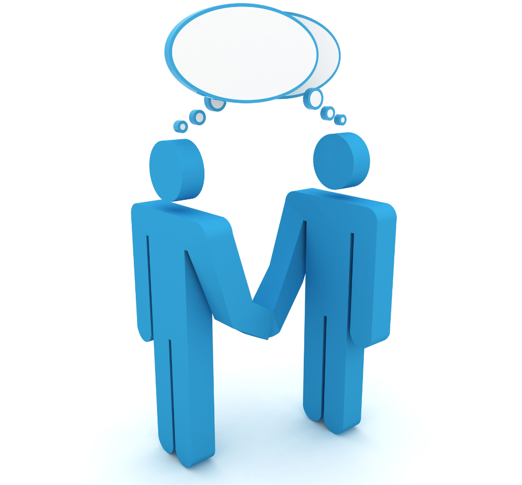 two blue people holding hands with a thought bubble above them