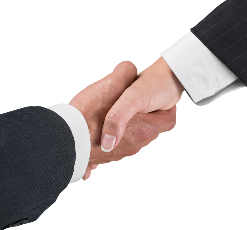 a man and a woman shake hands on a white background
