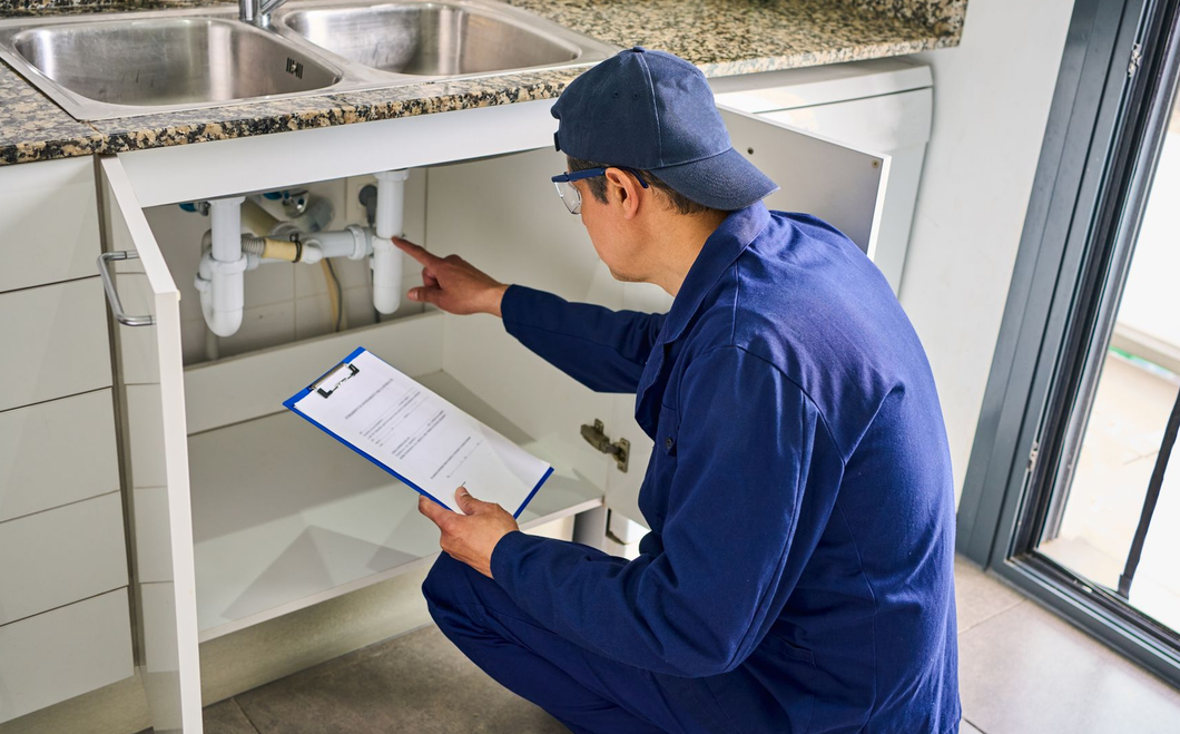 Maintenance worker inspecting plumbing under a stainless-steel sink with a clipboard.