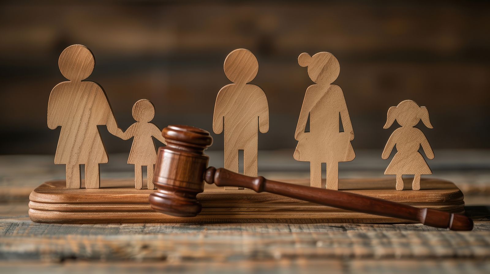 Figuras familiares de madera y mazo sobre una base de madera, que sugieren conceptos legales o de derecho familiar.