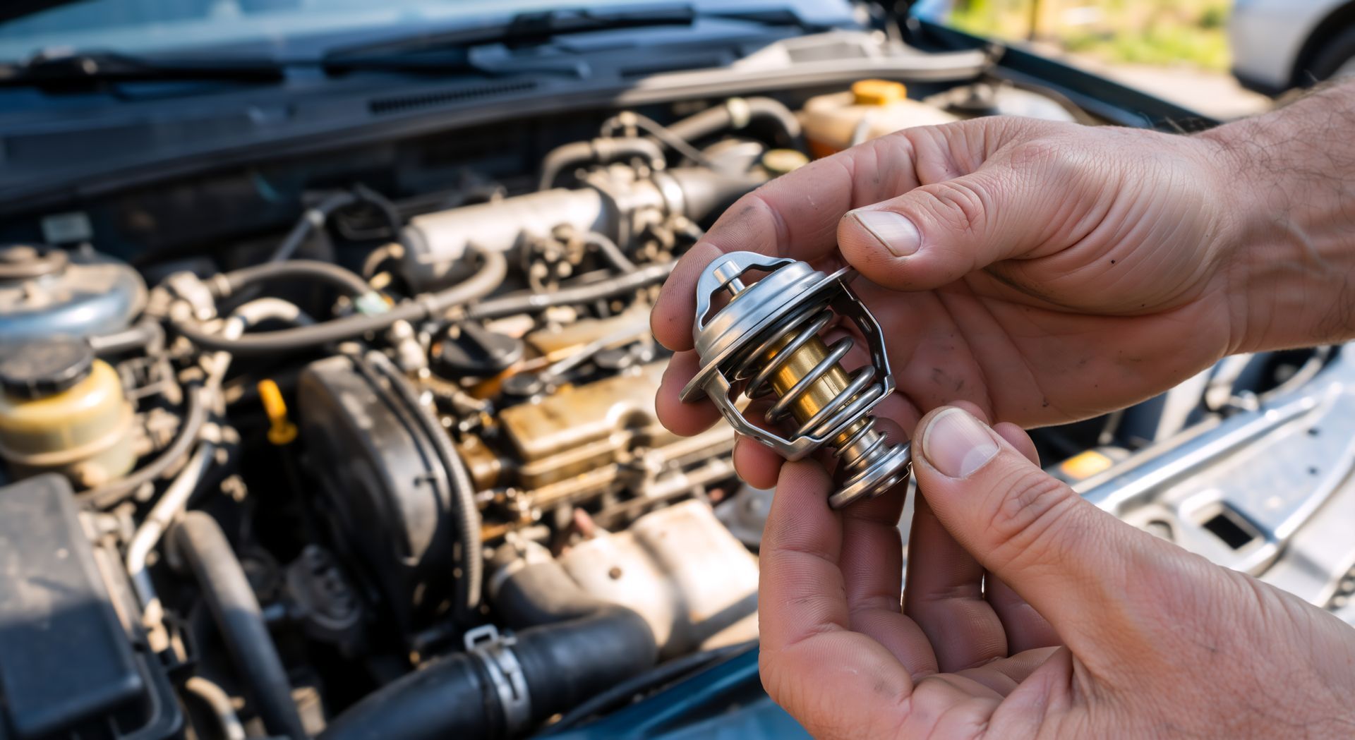 Hands holding a small car thermostat above an open engine bay outdoors. Hands holding a small car thermostat above an open engine bay outdoors.