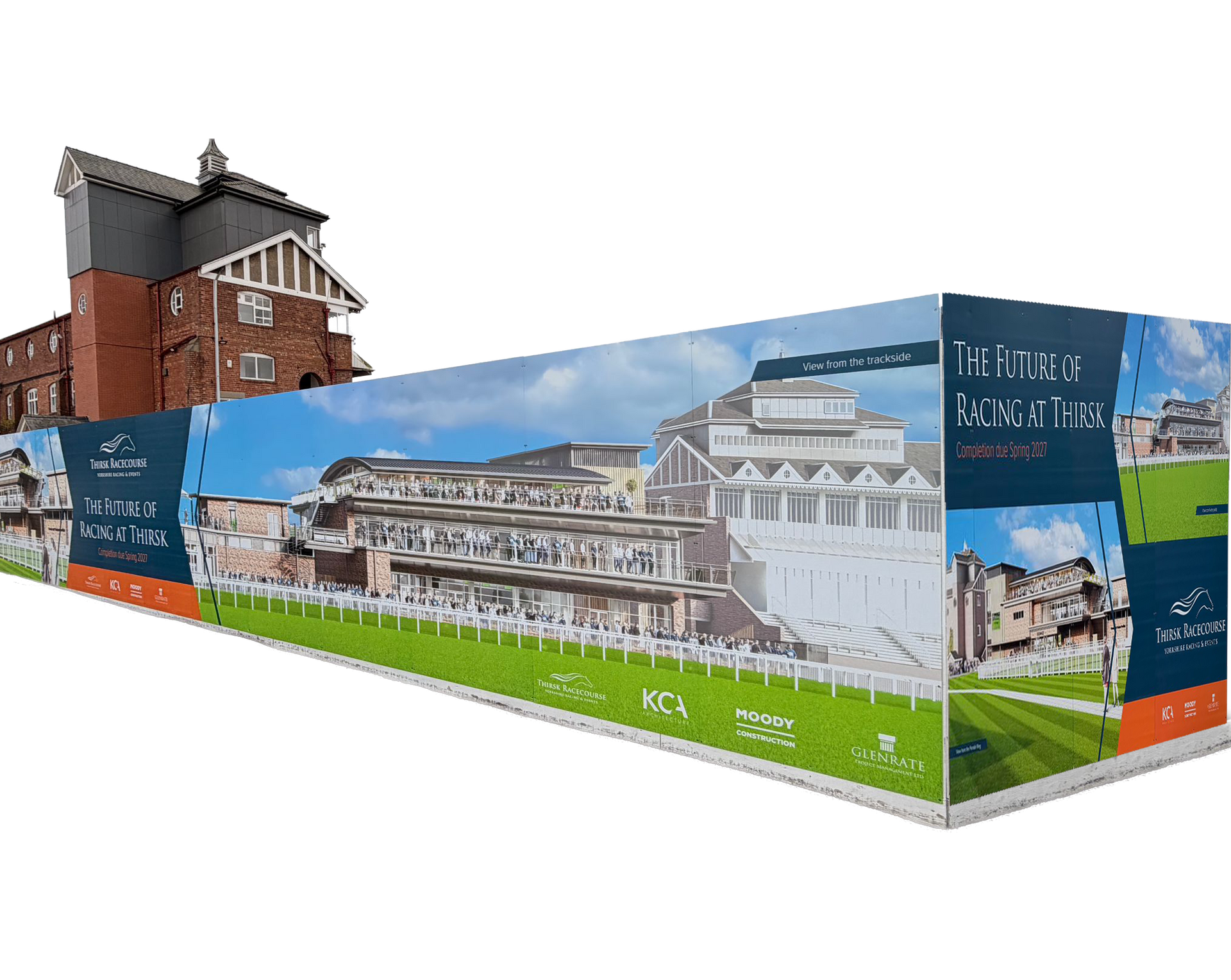 Colorful construction hoarding with printed building renderings around a brick building on a white background