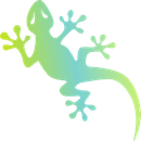 Pastel green-to-yellow gecko silhouette climbing, with tail curled