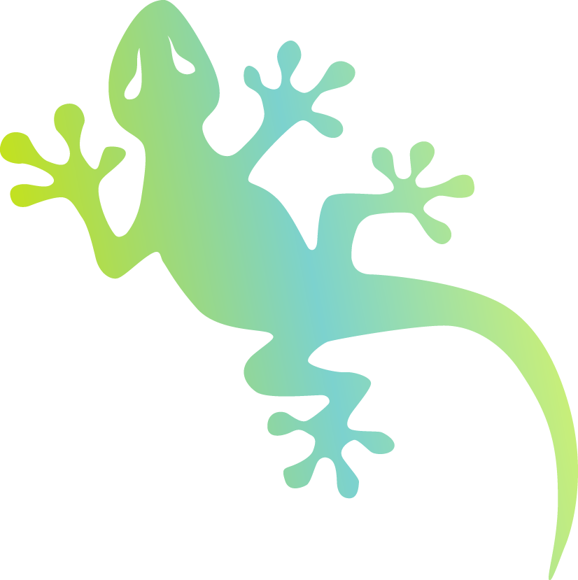 Pastel green-to-yellow gecko silhouette climbing, with tail curled