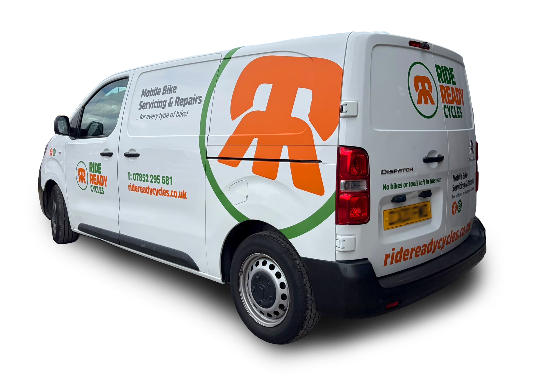 White service van with orange branding and green graphics, shown in side view.