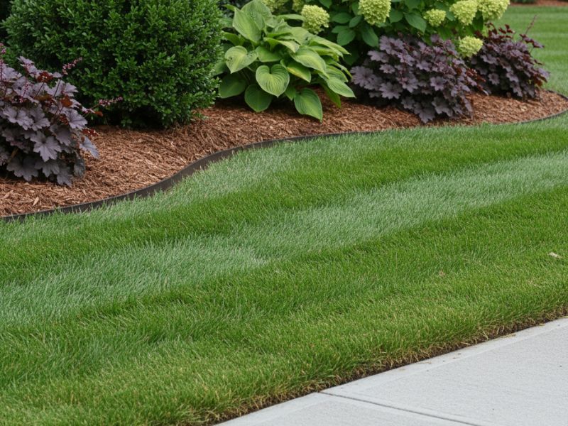 Lush green lawn bordering a flower bed with various plants and dark mulch, next to a sidewalk.