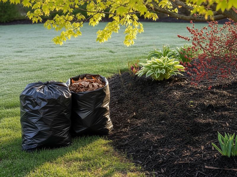 Two black trash bags filled with leaves on a grassy lawn next to a mulched garden bed.