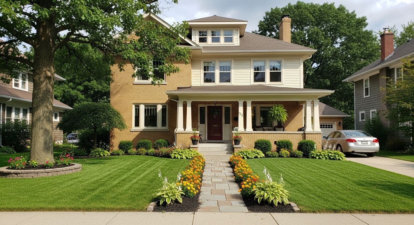 Two-story beige house with a front porch, stone path, and landscaped yard. A car sits in the driveway.