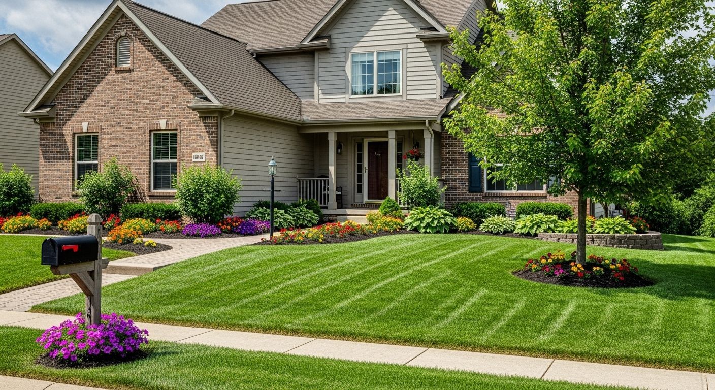 House with manicured lawn, colorful flower beds, and mailbox on a sunny day.