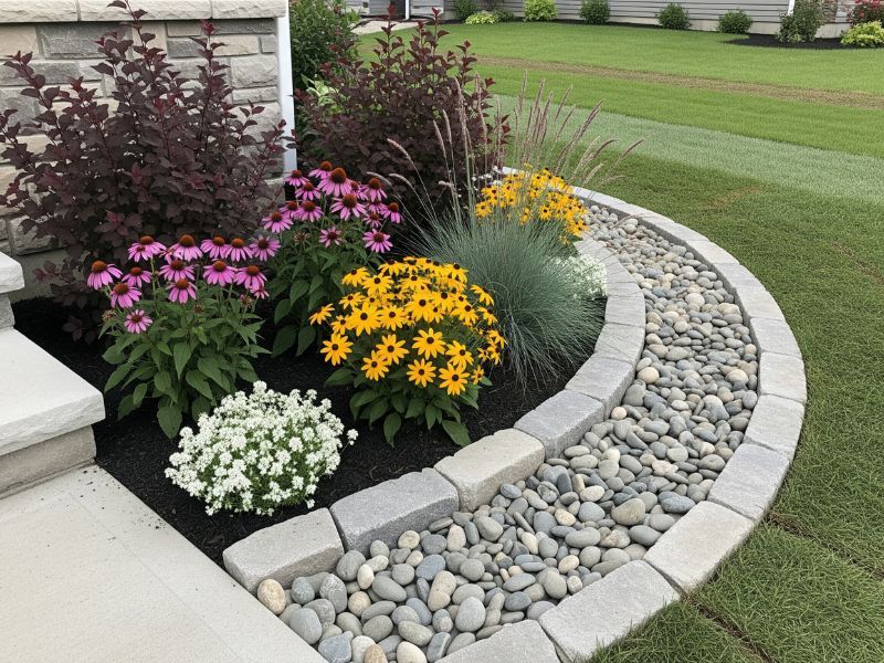Curved flower bed with colorful blooms and gray river stones.