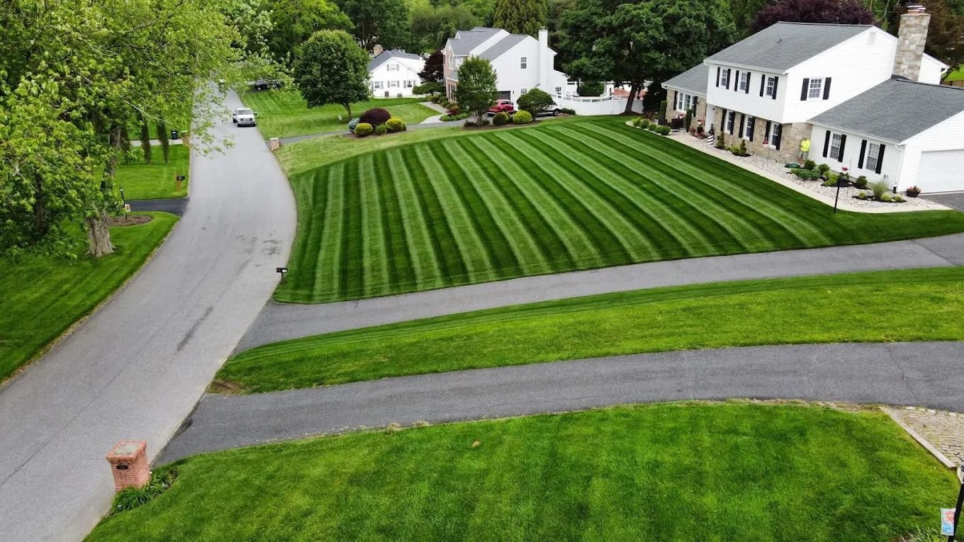 Aerial view of a manicured lawn with striped patterns, bordered by a road and houses in a suburban neighborhood.