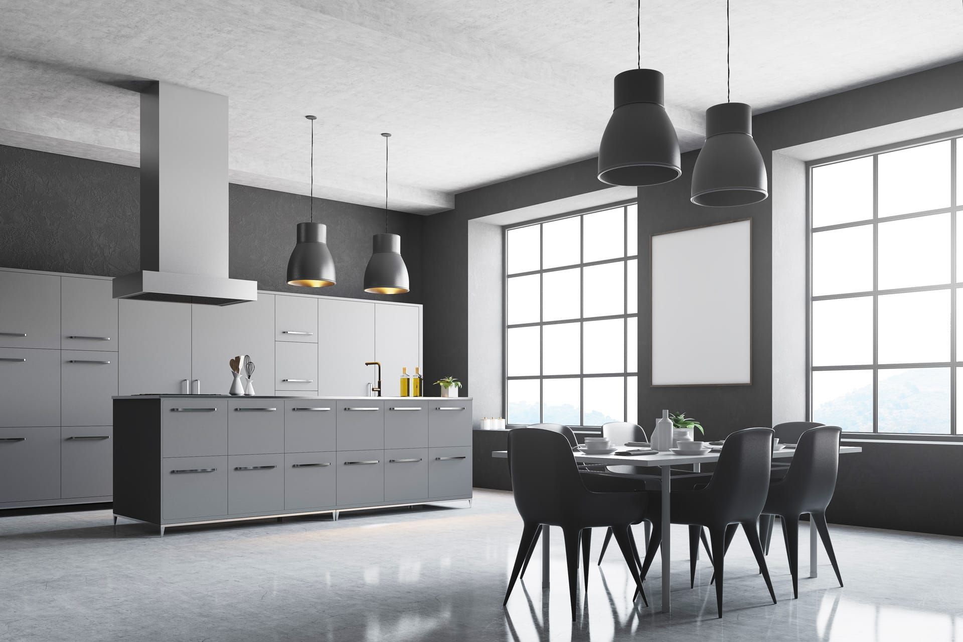 Cuisine moderne avec placards gris, table à manger et grandes fenêtres.