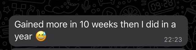 A text message that says gained more in 10 weeks then i did in a year